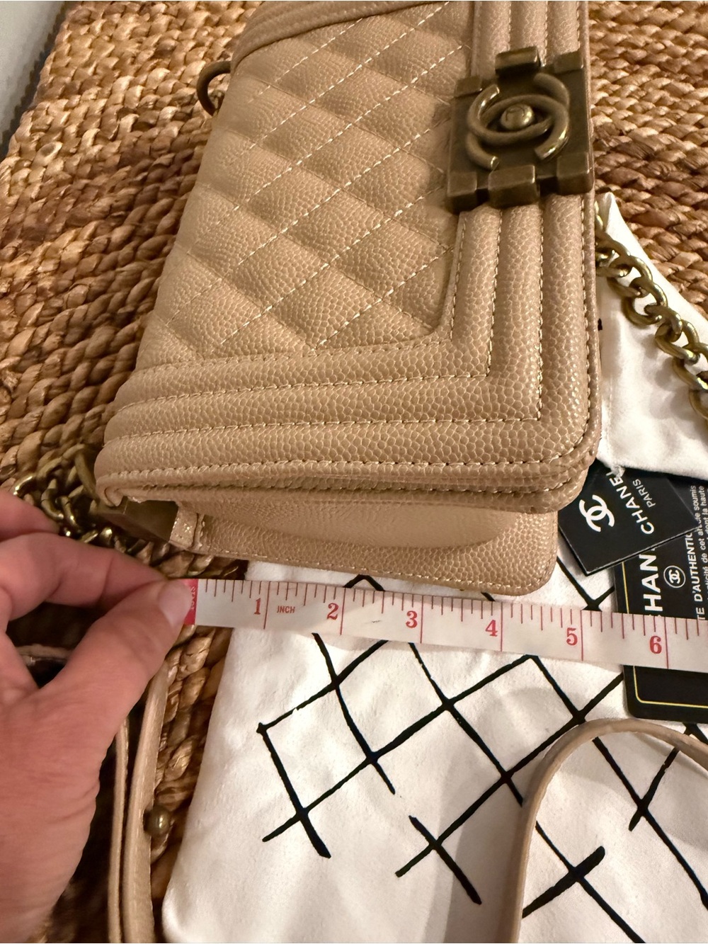 Beige Quilted Leather Boy Shoulder Bag with Gold Chain - Picture 6 of 10
